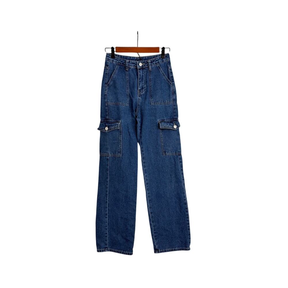 SHEIN Patchwork High Waisted Denim Cargo Utility Work Jeans Pants Size XS